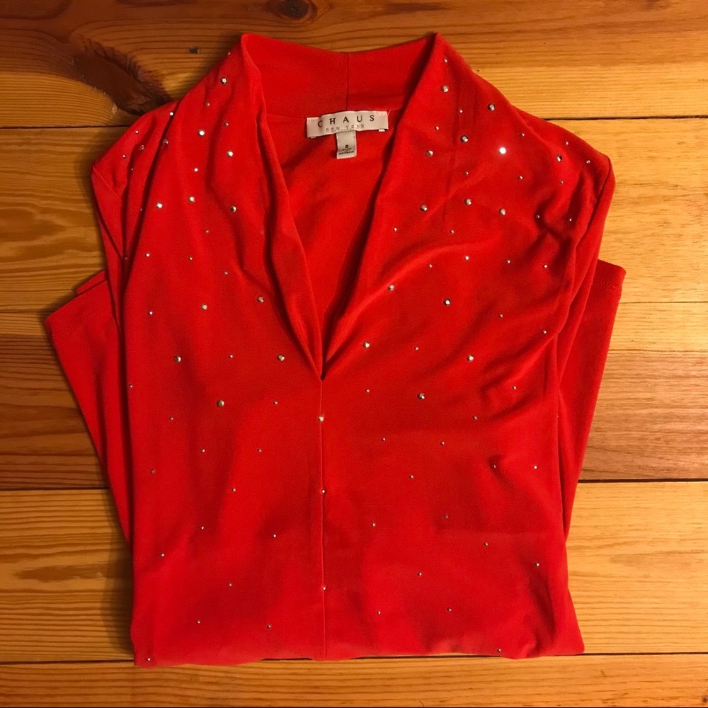 ๐ธ5/$30๐ธ Chaus Red Rhinestone Asymmetrical Top, EUC, S - Picture 11 of 13
